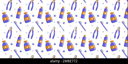 Seamless pattern with tools and supplies. Colorful background for grooming salon and pet shop, t-shirt, apparel print, web page, surface texture and fabrics. Paw, bone, scissors, bowl, nose, dog. Vector illustration Stock Vector