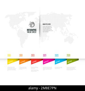 Vector light horizontal progress timeline template with six years triangle milestones with descriptions. Light colorful timeline with color headlines Stock Vector