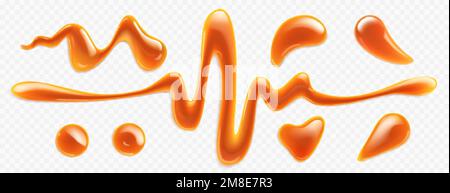 Caramel drops, melted toffee, sugar caramelization, sweet sauce drips of different shapes isolated on transparent background. Orange brown glossy fudg Stock Vector