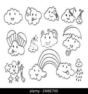 Kawaii weather forecast icons. Funny hand drawn vector clouds.Vector illustration. Stock Vector