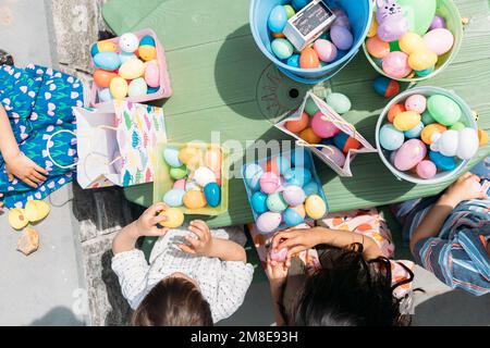 Birdseye view of easter Egg baskets Stock Photo