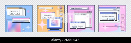 Social media posters template with retro desktop computer interface with message frames, loading bars, buttons and folders. Old pc screen layouts, vec Stock Vector