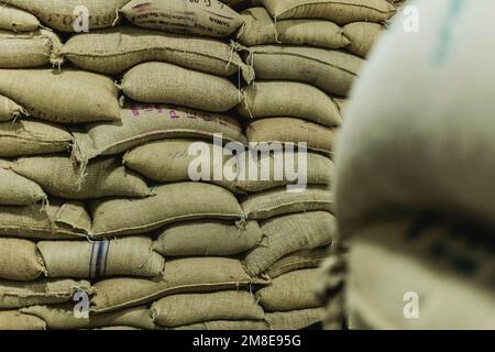 Addis Ababa, Ethiopia. 13th Jan, 2023. Coffee beans in sacks, photographed at a coffee roastery in Addis Ababa, January 13, 2023. Credit: dpa picture alliance/Alamy Live News Stock Photo