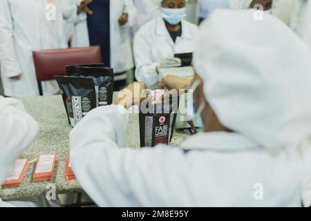 Addis Ababa, Ethiopia. 13th Jan, 2023. Workers at the Solino/Tarara coffee roastery pack coffee in Addis Ababa, Jan. Credit: dpa picture alliance/Alamy Live News Stock Photo