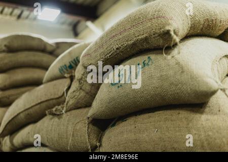 Addis Ababa, Ethiopia. 13th Jan, 2023. Sacks of coffee beans, photographed in a coffee roastery in Addis Ababa, January 13, 2023. Credit: dpa picture alliance/Alamy Live News Stock Photo