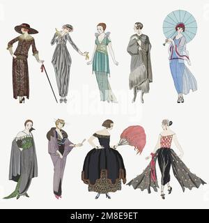 1920s women&#39;s fashion vector set, remix from artworks by George Barbier Stock Vector