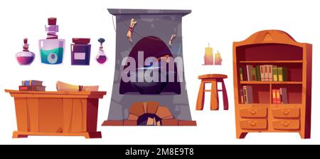 Alchemist laboratory or shop interior set with books, magic potions, table, cupboard, candles and cauldron in stove isolated on white background, vect Stock Vector