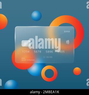 A credit card in the style of glasmophism on an abstract dark blue background. Stock Vector