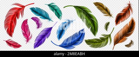 Color feathers, soft bird plumage isolated on transparent background. Red, pink, blue and green fluffy lightweight quills, bright colored feathers, ve Stock Vector