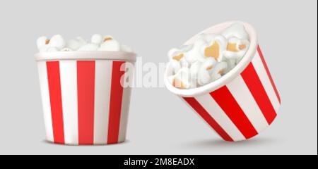 Set of popcorn buckets side and top view isolated on white background. Realistic vector illustration of red-and-white striped cardboard boxes full of Stock Vector
