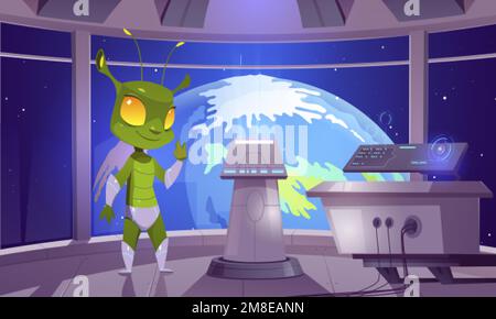 Cartoon alien on board of spacecraft approaching Earth. Vector illustration of funny green humanoid creature waving hello inside UFO with futuristic t Stock Vector