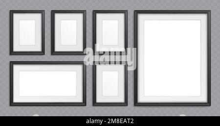 Black frames collage isolated on transparent background. Realistic vector illustration of elements for gallery or room interior design, rectangular pi Stock Vector