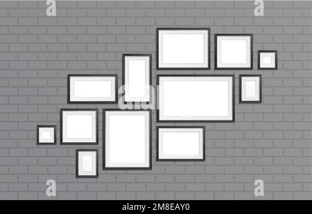 Black frames collage on gray brick wall. Realistic vector illustration of gallery or room interior design with rectangular and square picture or photo Stock Vector