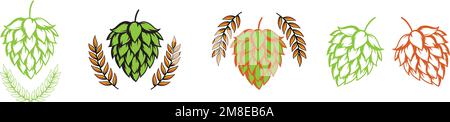 A panoramic vector illustration of a set of hops and laurel wreaths isolated on a white background Stock Vector