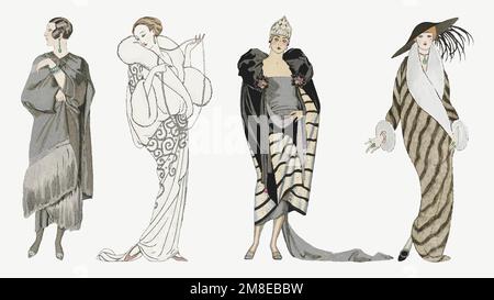 1920s women&#39;s fashion vector winter coat set, remix from artworks by George Barbier Stock Vector