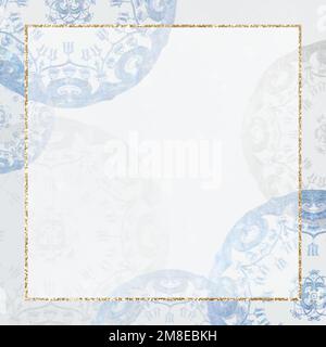 Vintage gold frame vector on blue mandala background, remixed from Noritake factory china porcelain tableware design Stock Vector