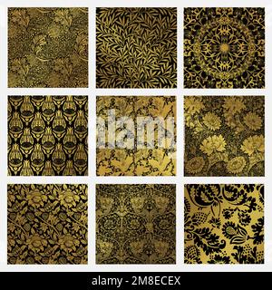 Vintage golden botanical pattern vector set remix from artwork by William Morris Stock Vector