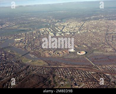 An aerial view of sections of Virginia and Washington, District of Columbia with Robert F. Kennedy Memorial Stadium and the Whitney M. Young Memorial Bridge in the right foreground. Country: United States Of America(USA) Stock Photo