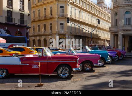 Classic American cars being used as taxis, locally known as 'almendrones' in Havana, Cuba. Stock Photo