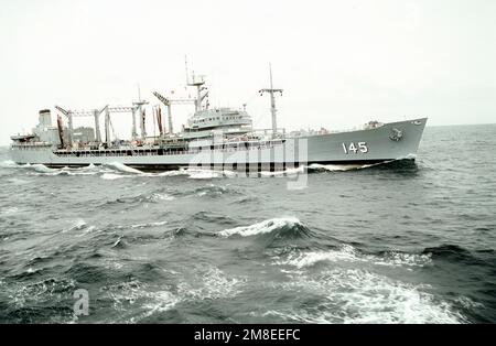 A starboard view of the fleet oiler USNS HASSAYAMPA (T-AO-145) underway prior to conducting an underway replenishment with a ship bound for the Persian Gulf region in support of Operation Desert Shield. Subject Operation/Series: DESERT SHIELD Country: Unknown Stock Photo