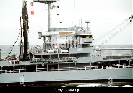 A starboard amidships view of the fleet oiler USNS HASSAYAMPA (T-AO-145) underway prior to conducting an underway replenishment with a ship bound for the Persian Gulf region in support of Operation Desert Shield. Subject Operation/Series: DESERT SHIELD Country: Unknown Stock Photo