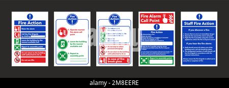 Fire action notice sign instructions vector set. Five different version. Stock Vector