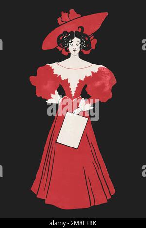 1900&#39;s fashion woman vector in red dress art print, remix from artworks by Ethel Reed Stock Vector