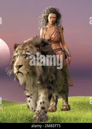 3d-illustration of a girl riding a sabre-toothed tiger Stock Photo