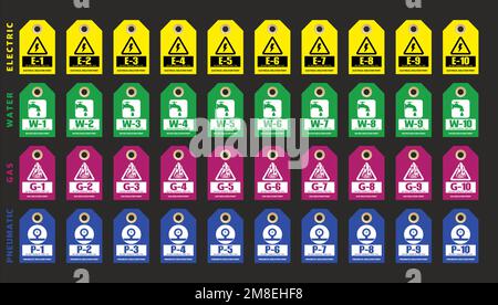 Energy isolation point tag vector set. 1 to 10 electrical, water, gas and pneumatic label isolation point tag set. Stock Vector