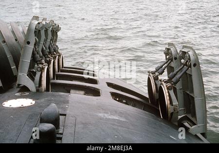 A view of the open hatches of six of the 12 vertical-launch Tomahawk missile on the bow of the nuclear-powered attack submarine USS OKLAHOMA CITY (SSN-723). Base: USS Oklahoma City (CG 5) State: Virginia (VA) Country: United States Of America (USA) Stock Photo