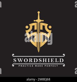 Initial Letter SS Shield shape and sword logo template in gold color Stock Vector