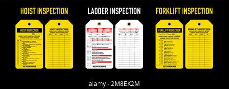 Equipment inspection tag vector illustrations. Hoist,  ladder and forklift inspection of front and back design templates. Isolated on black background Stock Vector