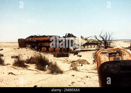 The burned-out hull of an Iraqi BMP-1 mechanized infantry combat vehicle sits in the desert after the vehicle was destroyed during Operation Desert Storm. Subject Operation/Series: DESERT STORM Country: Kuwait (KWT) Stock Photo