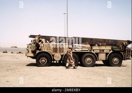 A left side view of an Iraqi FROG-7 Free Rocket Over Ground (FROG) artillery rocket system Transporter-Erector-Launcher (TEL) captured during Operation Desert Storm. Subject Operation/Series: DESERT STORM Country: Kuwait (KWT) Stock Photo