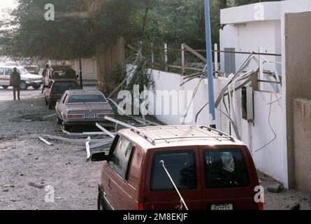 Debris litters a street after an Iraqi Scud missile was intercepted by a Patriot missile during Operation Desert Storm. Subject Operation/Series: DESERT STORM Country: Saudi Arabia (SAU) Stock Photo