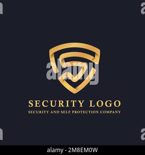 Gold security logo and business card template. Shield sign in line, flat style with overlapping effect. Vector illustration. Stock Vector