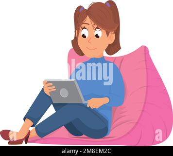 Home leisure time. Cartoon girl sit on lazy chair with tablet Stock Vector