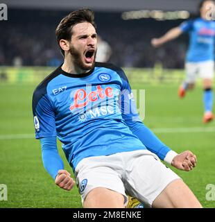 Naples, Italy. 13th Jan, 2023. Napoli's Khvicha Kvaratskhelia celebrates his goal during a Serie A football match between Napoli and FC Juventus in Naples, Italy, Jan. 13, 2023. Credit: Alberto Lingria/Xinhua/Alamy Live News Stock Photo