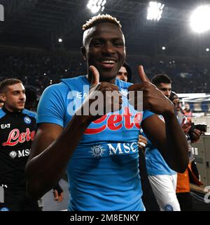 Naples, Italy. 13th Jan, 2023. Napoli's Victor Osimhen celebrates the victory after a Serie A football match between Napoli and FC Juventus in Naples, Italy, Jan. 13, 2023. Credit: Alberto Lingria/Xinhua/Alamy Live News Stock Photo