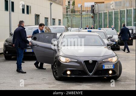 Giuseppe Conte (L2), leader of M5S, seen leaving the Ucciardone jail. In the bunker room of the Ucciardone Jail in Palermo, the former Minister of the Interior Luciana Lamorgese, former Minister of Foreign Affairs Luigi Di Maio, and former Premier and current leader of Movimento Cinque Stelle (M5S) Giuseppe Conte were called to testify in the trial case that sees the Spanish NGO Open Arms against the Minister of Infrastructure and Transport Matteo Salvini. Salvini stands accused of kidnapping and abuse of office for denying the disembarking of 147 migrants on board of Open Arms, in August 2019 Stock Photo