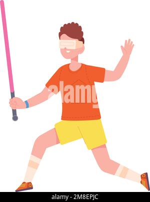 Boy playing in virtual reality with sword. Vr fighing isolated on white background Stock Vector