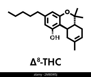 Delta-8-tetrahydrocannabinol (D8-THC) molecule. Isomer of Delta-9-THC ...