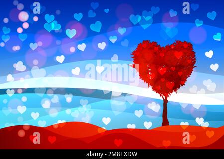 Tree in the shape of heart, valentines day background, vector fantasy landscape, banner template Stock Vector