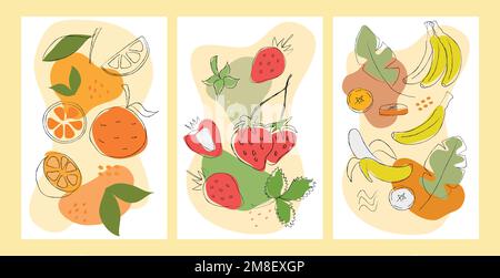 Set of handmade abstract drawings of oranges, strawberries and bananas. Design for posters, cards, wrappers and greeting cards. Drawings of fruits Stock Vector