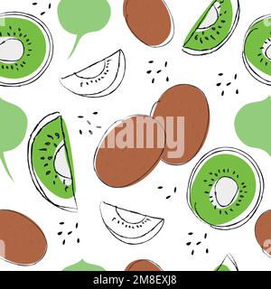 Seamless pattern on handmade abstract fruit drawings. Contemporary artistic design of kiwi fruit for backgrounds, cards, wrappers and wallpapers Stock Vector