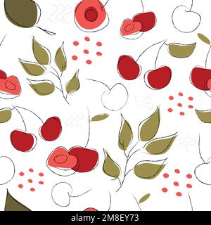 Seamless pattern on handmade abstract fruit drawings. Contemporary artistic design of cherries for backgrounds, cards, wrappers and wallpapers Stock Vector