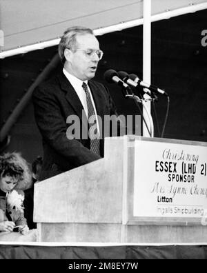 Secretary of the Navy H. Lawrence Garrett III speaks at the christening of the amphibious assault ship ESSEX (LHD-2). Base: Pascagoula State: Mississippi(MS) Country: United States Of America (USA) Stock Photo