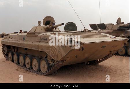 A right front view of a BMP-1 mechanized infantry combat vehicle that was captured from Iraqi forces during Operation Desert Storm. Subject Operation/Series: DESERT STORM Country: Kuwait (KWT) Stock Photo