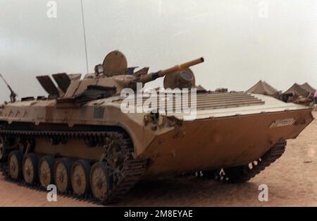 A right front view of a BMP-1 mechanized infantry combat vehicle that was captured from Iraqi forces during Operation Desert Storm. Subject Operation/Series: DESERT STORM Country: Kuwait (KWT) Stock Photo