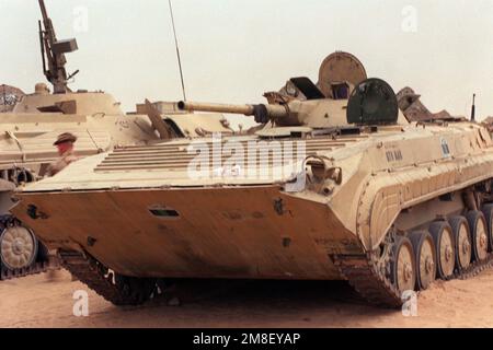 A left front view of a BMP-1 mechanized infantry combat vehicle that was captured from Iraqi forces during Operation Desert Storm. Subject Operation/Series: DESERT STORM Country: Kuwait (KWT) Stock Photo